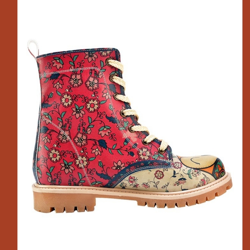 Goby Wise 🦉 Owl floral Lace up combat boots vegan faux leather Quirky RARE - Picture 4 of 15